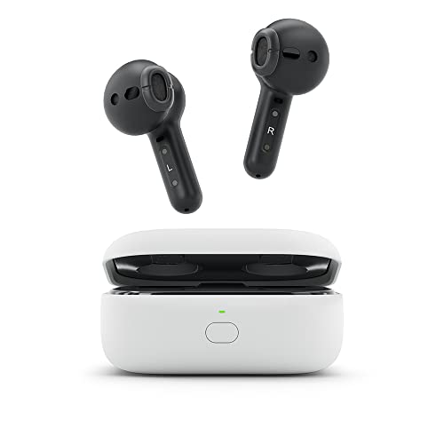 Echo Buds (2nd Gen) wireless earbuds with active noise cancellation and Alexa support, displayed with their charging case.