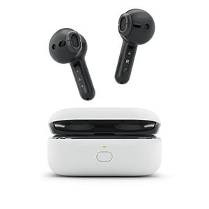 Echo Buds (2nd Gen) wireless earbuds with active noise cancellation and Alexa support, displayed with their charging case.