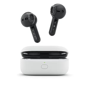 Echo Buds (2nd Gen) wireless earbuds with active noise cancellation and Alexa support, displayed with their charging case.