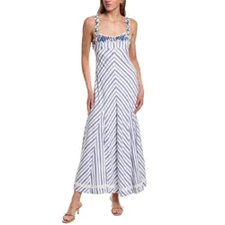 A sleeveless, ankle-length striped sundress with floral embellishments on the straps and neckline.