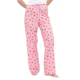 Pink pajama pants with a drawstring waist, featuring a pattern of ice cream cones, stripes, and small brown icons.