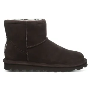 A dark brown, ankle-high suede boot with a flat sole and visible stitching, featuring a soft fleece lining.