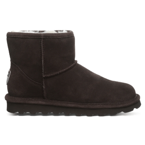 A dark brown, ankle-high suede boot with a flat sole and visible stitching, featuring a soft fleece lining.
