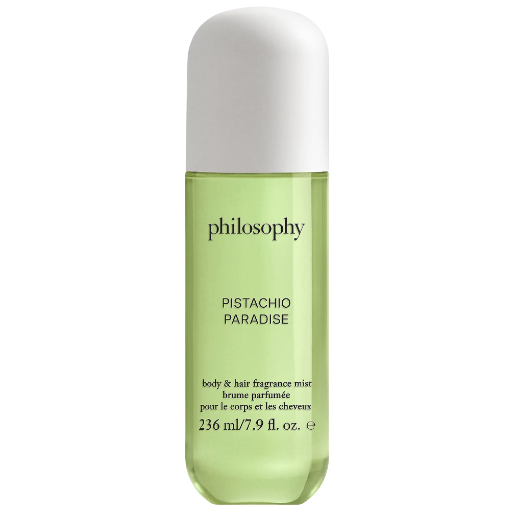 Philosophy Pistachio Paradise body and hair fragrance mist, 236 ml (7.9 fl oz) with a light green liquid and white cap.