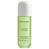 Philosophy Pistachio Paradise body and hair fragrance mist, 236 ml (7.9 fl oz) with a light green liquid and white cap.