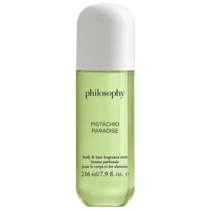Philosophy Pistachio Paradise body and hair fragrance mist, 236 ml (7.9 fl oz) with a light green liquid and white cap.