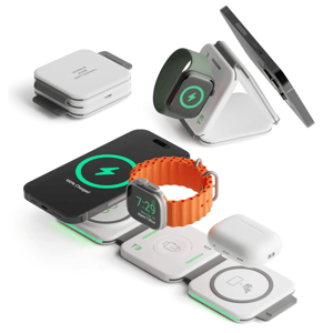 A foldable wireless charging station charges a smartphone, smartwatch, and wireless earbuds simultaneously, with compact and stackable design elements for convenience.
