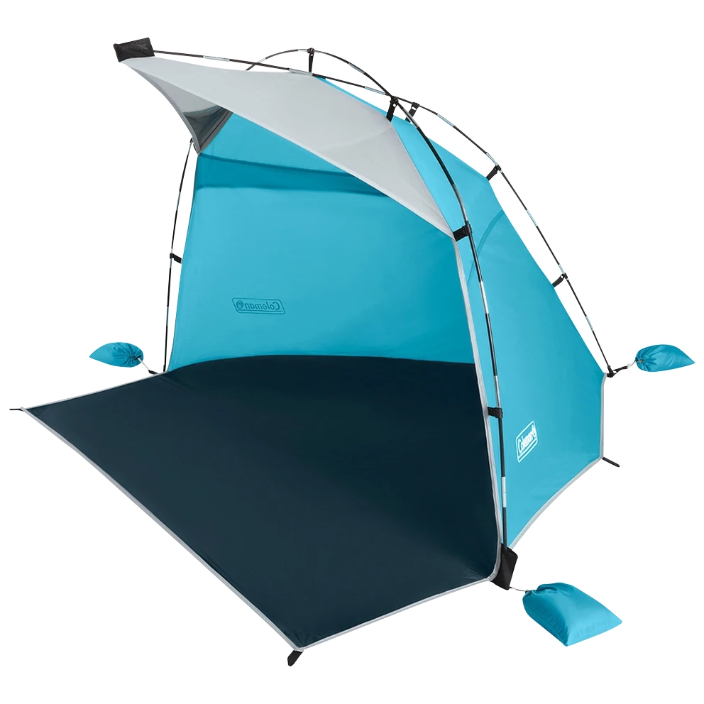 A blue beach tent with a canopy and sand pockets for stability; designed for shade and protection.