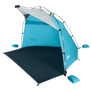 A blue beach tent with a canopy and sand pockets for stability; designed for shade and protection.