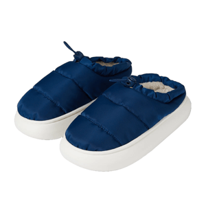 Blue puffer slippers with white soles and fleece lining, featuring drawstring closures for a snug fit.