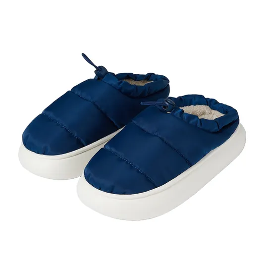Blue puffer slippers with white soles and fleece lining, featuring drawstring closures for a snug fit.