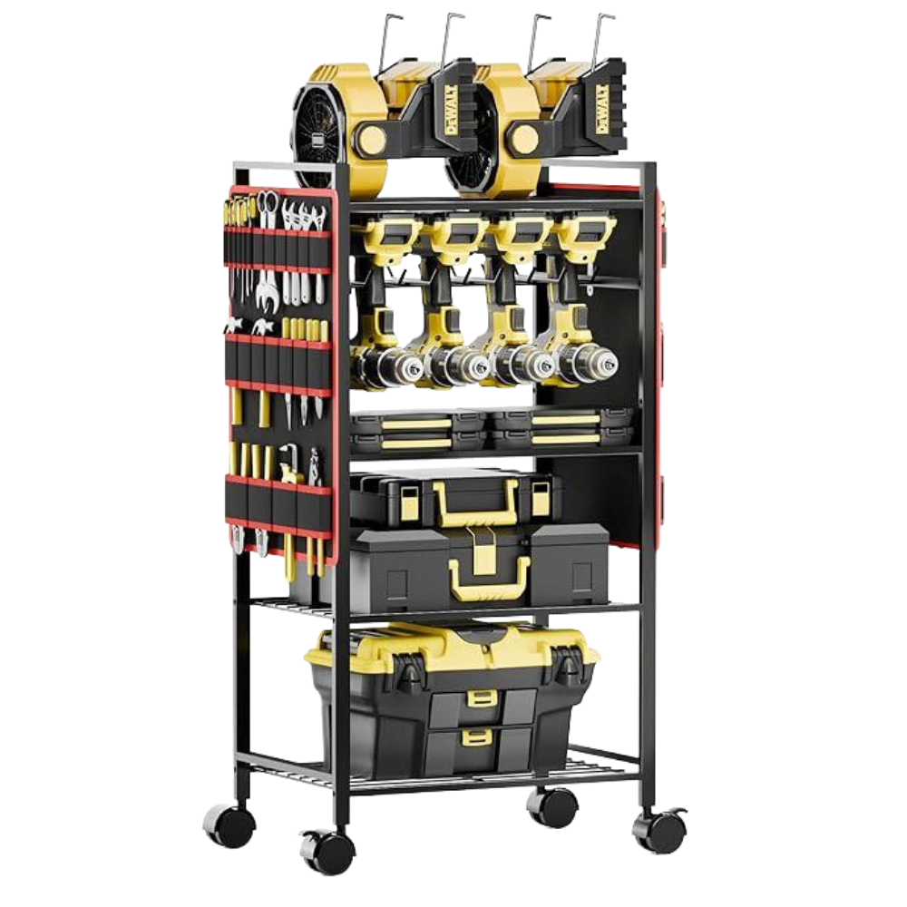 A tool storage rack with wheels holding power tools, toolboxes, and various hand tools displayed on shelves and side panels.