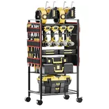A tool storage rack with wheels holding power tools, toolboxes, and various hand tools displayed on shelves and side panels.