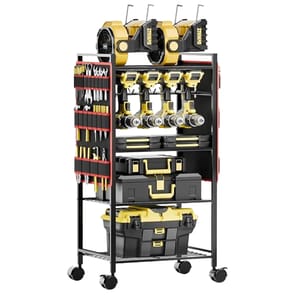 A tool storage rack with wheels holding power tools, toolboxes, and various hand tools displayed on shelves and side panels.