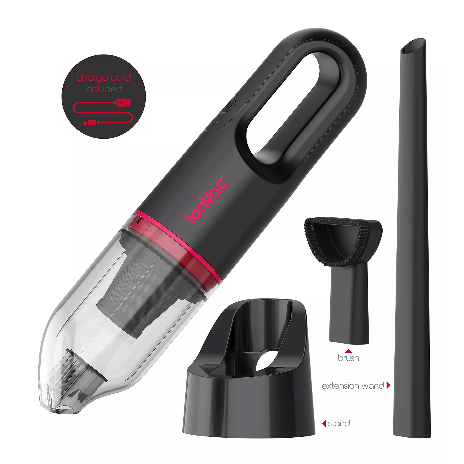 Handheld vacuum cleaner with a charging cord, stand, extension wand, and brush attachment.