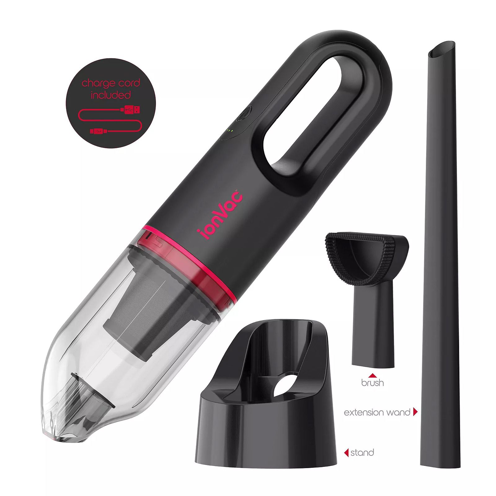 Handheld vacuum cleaner with a charging cord, stand, extension wand, and brush attachment.