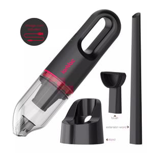 Handheld vacuum cleaner with a charging cord, stand, extension wand, and brush attachment.