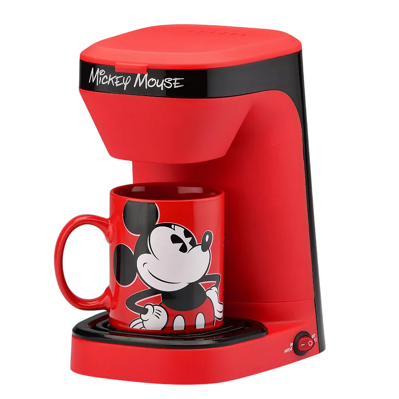 Red Mickey Mouse-themed single-serve coffee maker with an included red mug featuring a Mickey Mouse design.