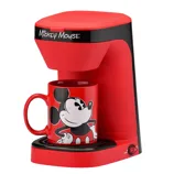 Red Mickey Mouse-themed single-serve coffee maker with an included red mug featuring a Mickey Mouse design.