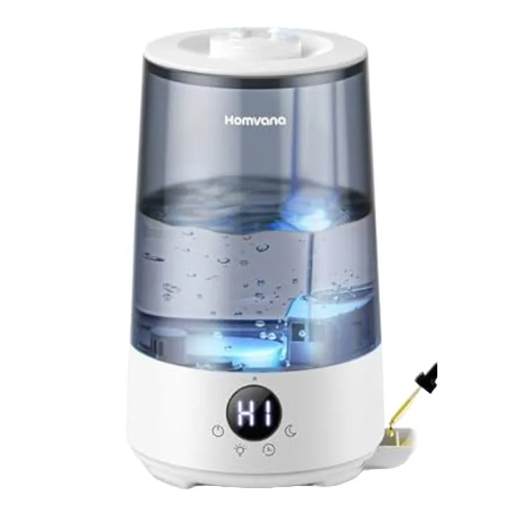 A Homvana humidifier with a transparent water tank, digital display showing \“HI\“, and controls for settings. It features mood lighting and has a sleek, modern design.