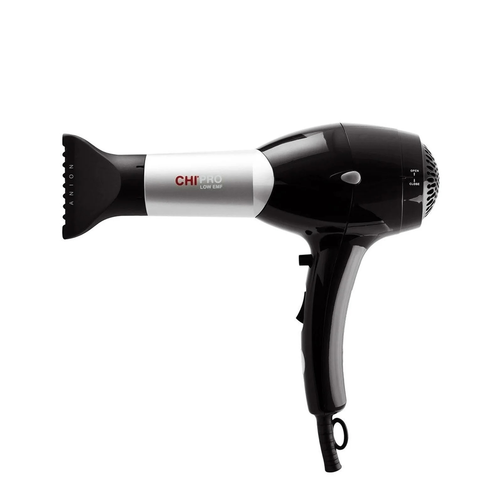 A CHI PRO low EMF hair dryer with an ergonomic handle and a concentrator nozzle for precision styling.