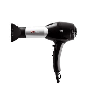 A CHI PRO low EMF hair dryer with an ergonomic handle and a concentrator nozzle for precision styling.