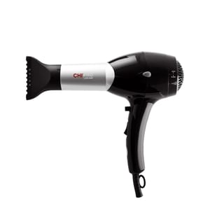 A CHI PRO low EMF hair dryer with an ergonomic handle and a concentrator nozzle for precision styling.
