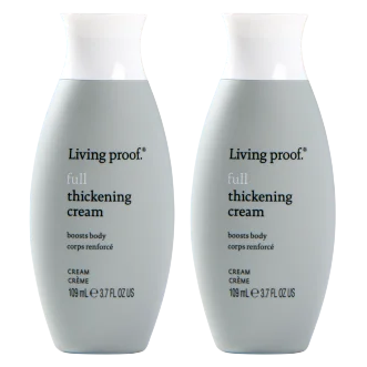 Two bottles of Living Proof Full Thickening Cream in gray packaging, 109 ml (3.7 fl oz) each, designed to boost hair body.