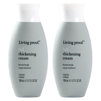 Two bottles of Living Proof Full Thickening Cream in gray packaging, 109 ml (3.7 fl oz) each, designed to boost hair body.
