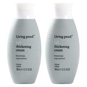 Two bottles of Living Proof Full Thickening Cream in gray packaging, 109 ml (3.7 fl oz) each, designed to boost hair body.