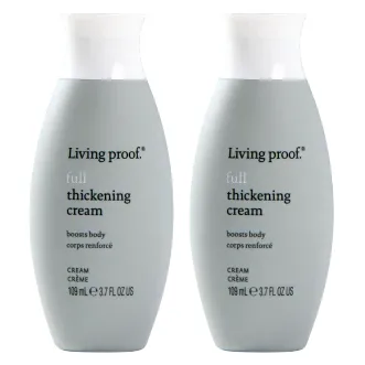 Two bottles of Living Proof Full Thickening Cream in gray packaging, 109 ml (3.7 fl oz) each, designed to boost hair body.