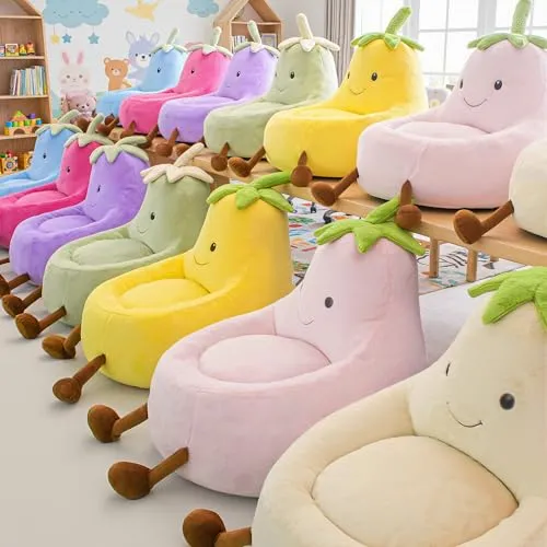 Colorful, fruit-shaped plush chairs with smiley faces are arranged in two rows, featuring various colors like pink, yellow, green, and purple. They're equipped with playful feet and leafy tops, creating a whimsical seating option for children's spaces.