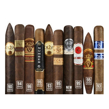 A collection of eight different cigars with various labels and ratings displayed on them.