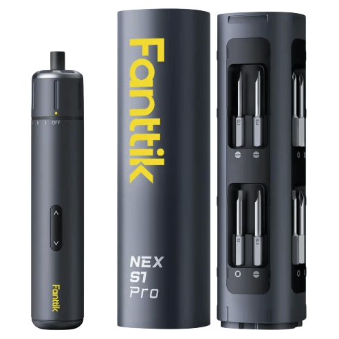 A compact, dark gray Fanttik NEX S1 Pro electric screwdriver set with a cylindrical design and interchangeable bits stored in its case.