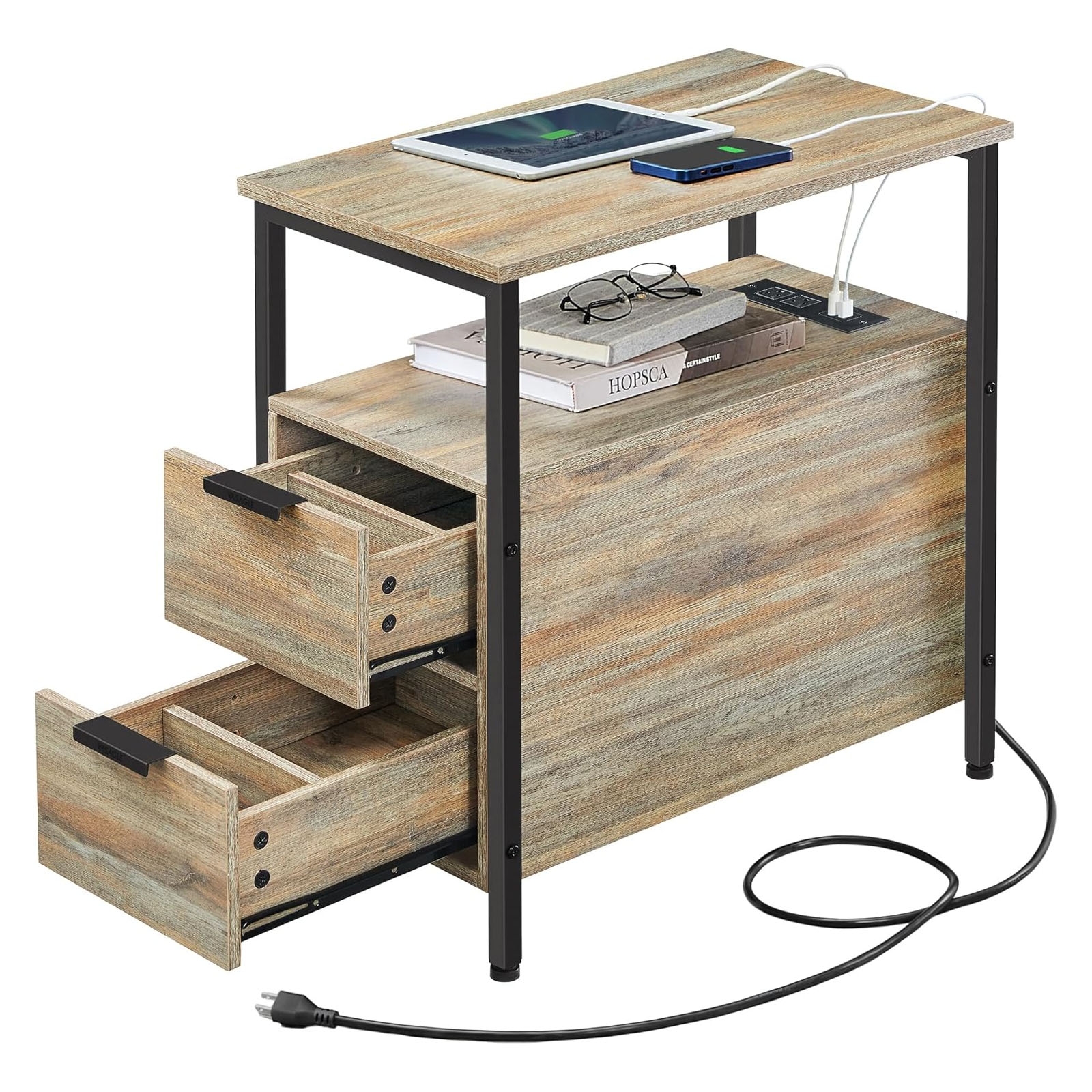 A wooden bedside table with open shelves, two drawers, and a charging station featuring USB ports.