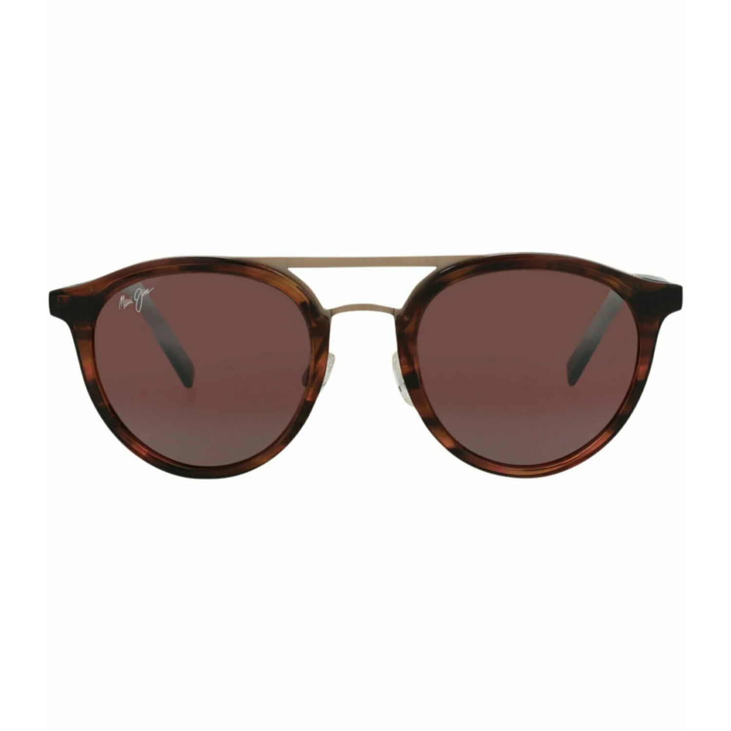 Round-framed, tortoiseshell-patterned Maui Jim sunglasses with a metallic bridge and polarized brown lenses.