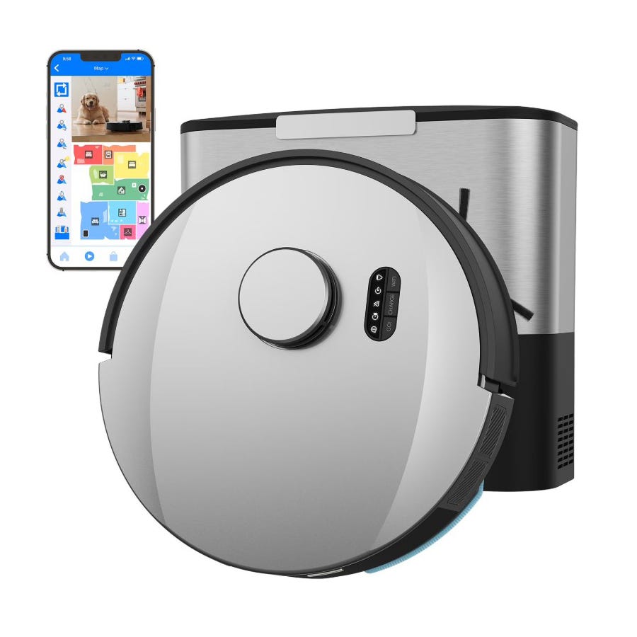 Robotic vacuum cleaner with a charging station and a smartphone displaying an app interface.