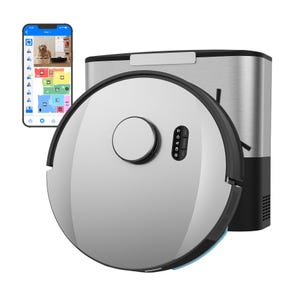 Robotic vacuum cleaner with a charging station and a smartphone displaying an app interface.
