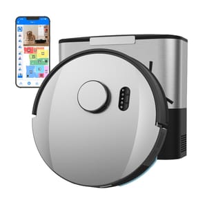 Robotic vacuum cleaner with a charging station and a smartphone displaying an app interface.