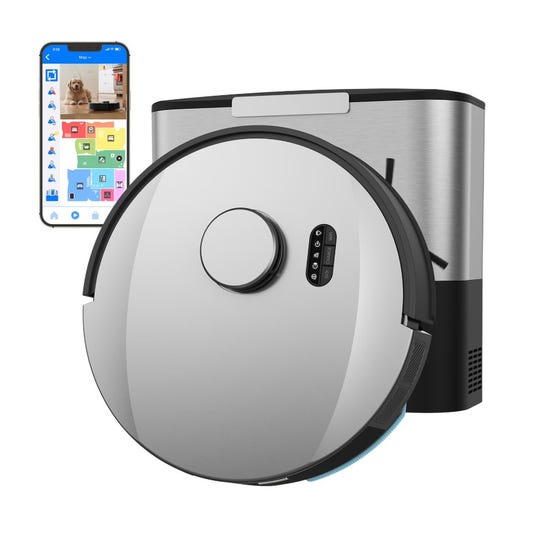 Robotic vacuum cleaner with a charging station and a smartphone displaying an app interface.