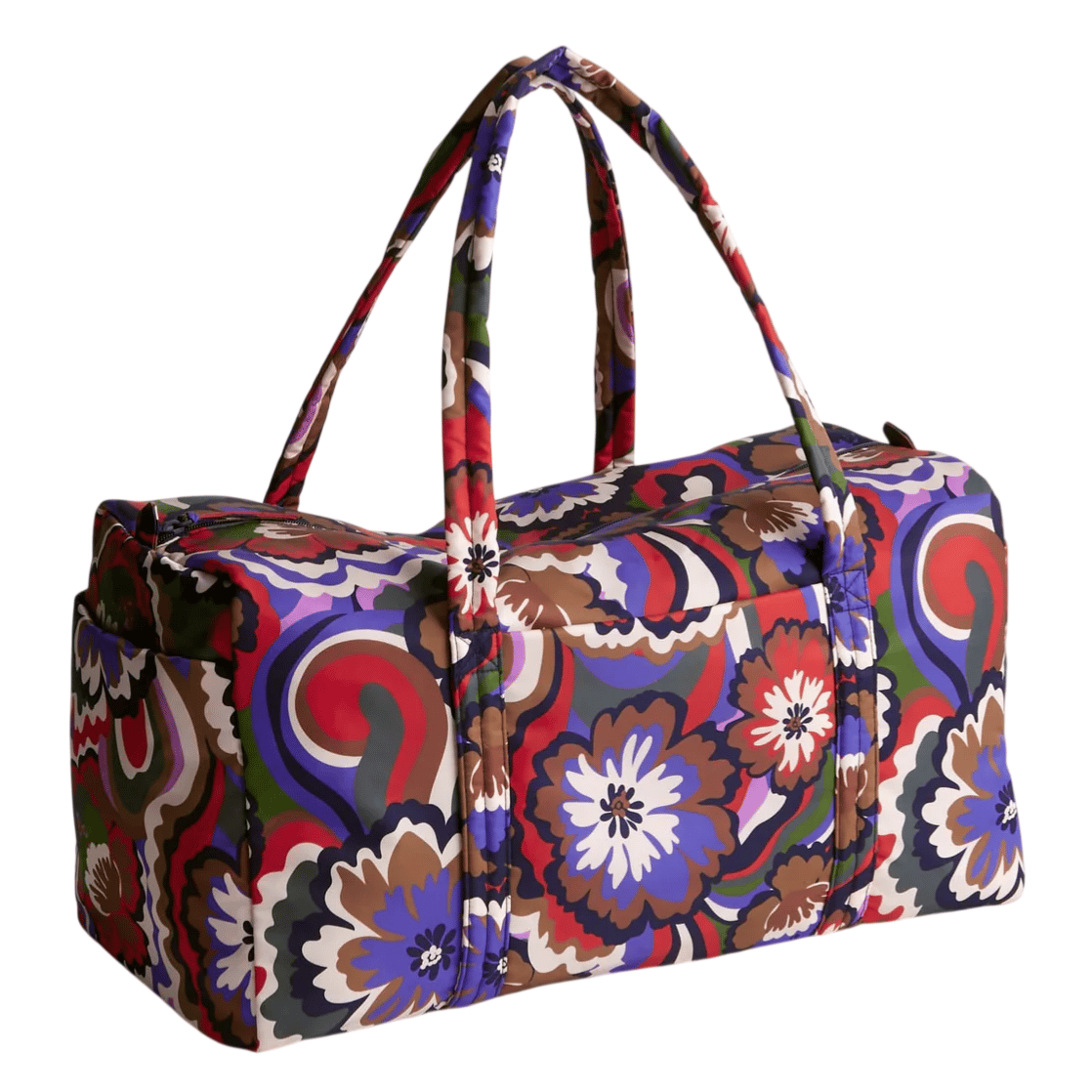 A colorful duffel bag with a floral and abstract pattern in red, blue, brown, and green tones, featuring two handles for easy carrying.