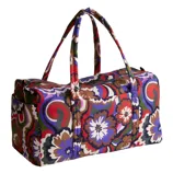 A colorful duffel bag with a floral and abstract pattern in red, blue, brown, and green tones, featuring two handles for easy carrying.