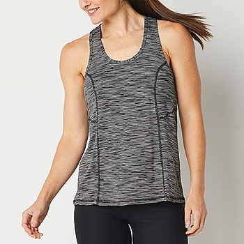 Woman wearing a gray sleeveless athletic tank top and black leggings.