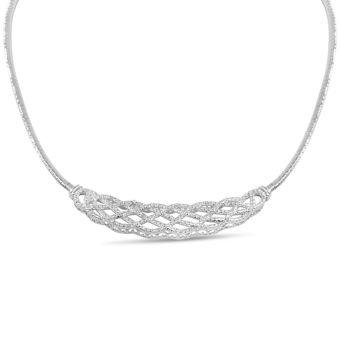 A silver necklace featuring a central lattice design embellished with small diamonds, totaling 1/4 carat. The design is set on a sleek, polished band, offering a simple yet elegant look.