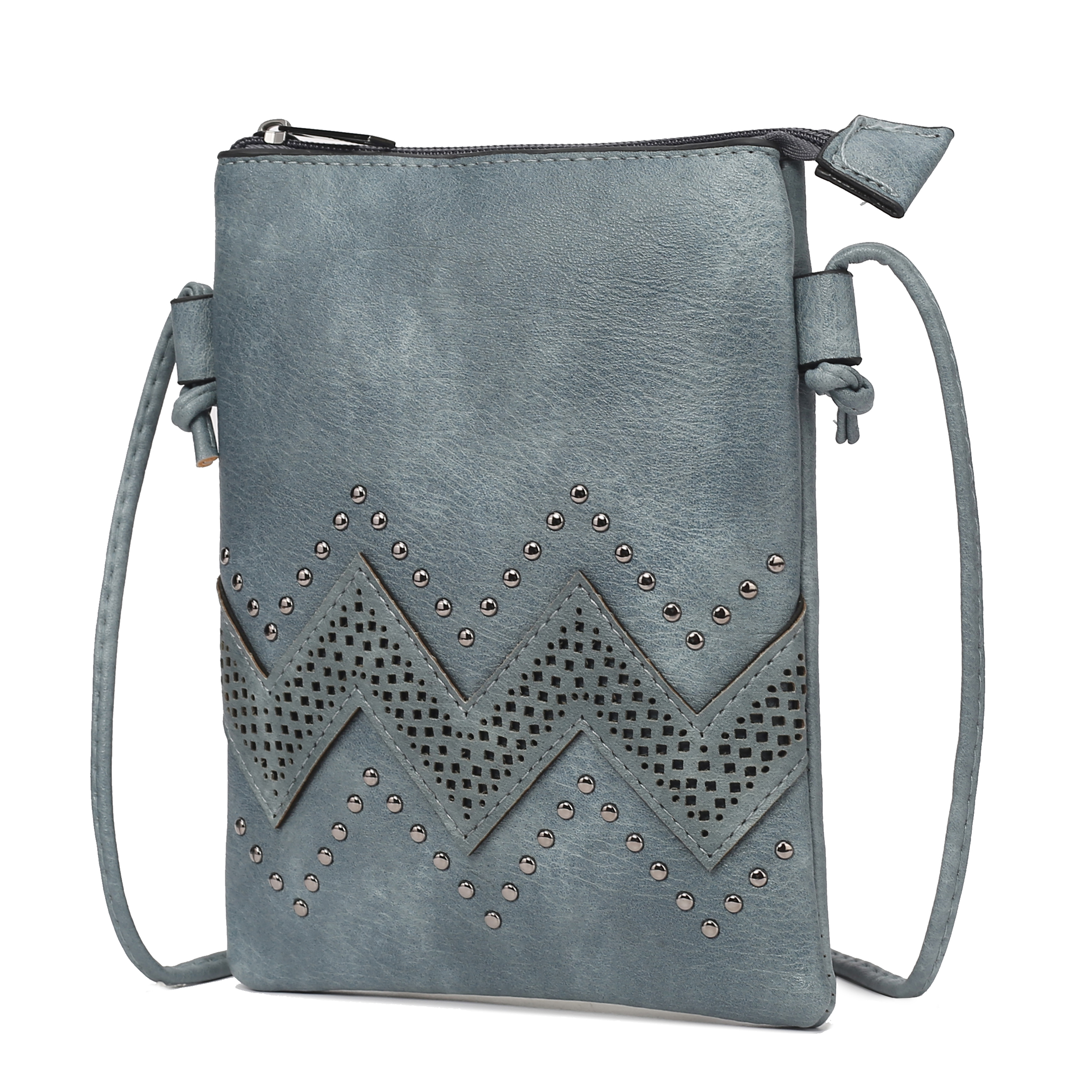 The MKF Athena Crossbody is a blue faux leather bag with a zigzag pattern and studded accents on the front. It features a zip closure and an adjustable strap, offering a stylish and functional accessory for carrying essentials.