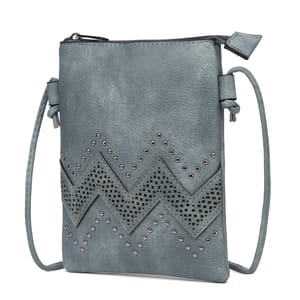 The MKF Athena Crossbody is a blue faux leather bag with a zigzag pattern and studded accents on the front. It features a zip closure and an adjustable strap, offering a stylish and functional accessory for carrying essentials.