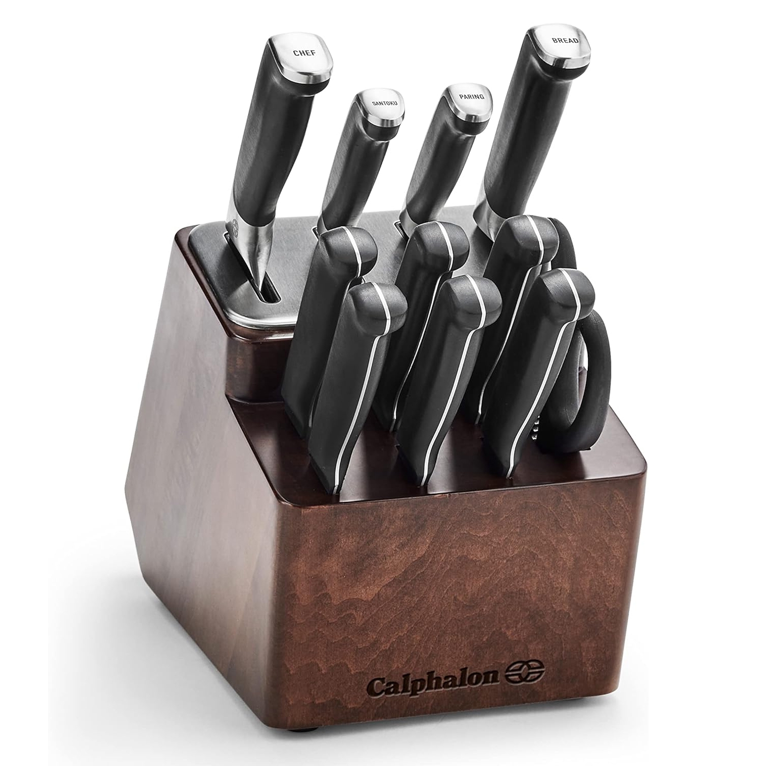Calphalon Sharpening Knife Block Set includes several knives with labeled handles for easy identification: chef, santoku, paring, and bread knife, along with a sleek wooden block designed to automatically sharpen knives with each use.