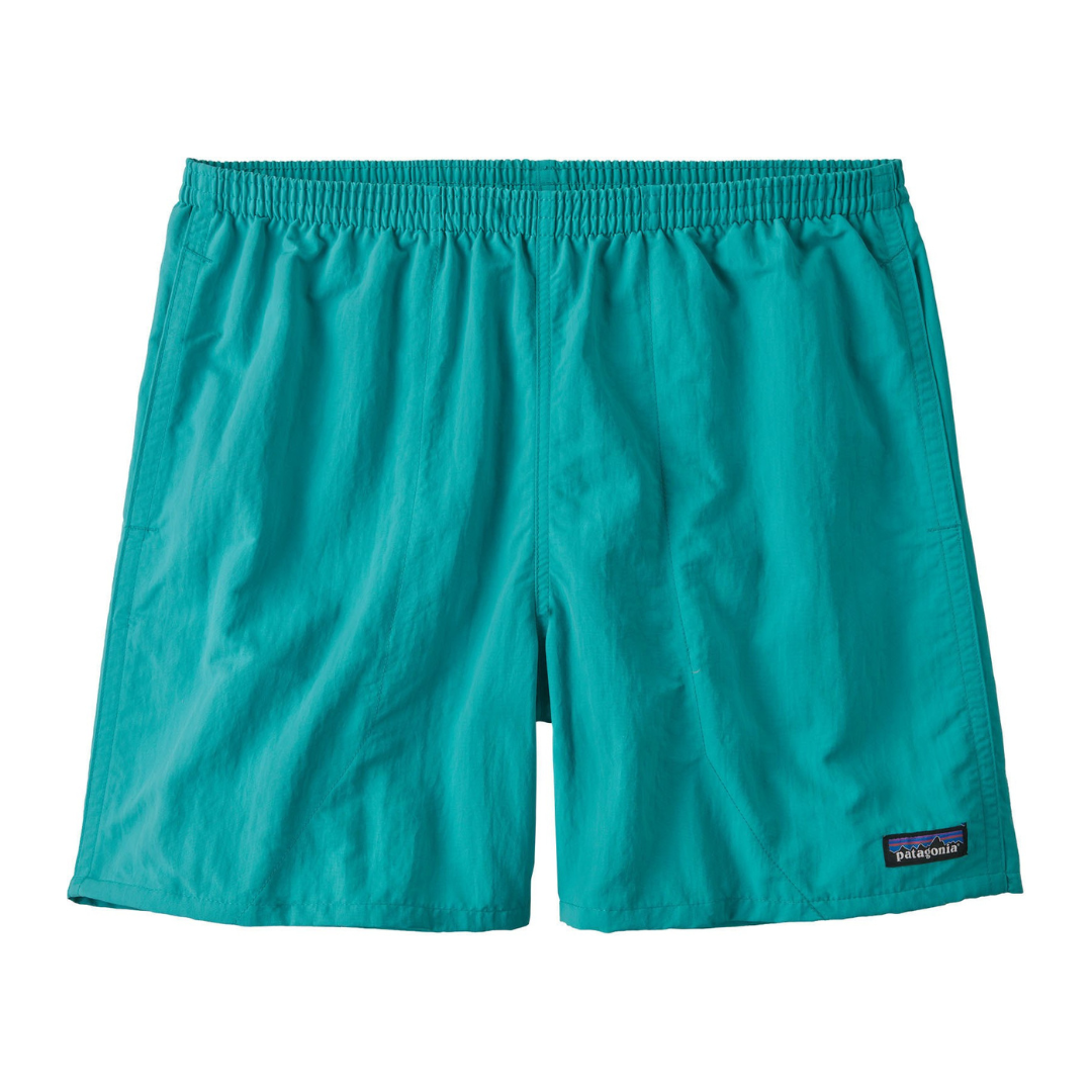 Teal-colored Patagonia Baggies shorts with an elastic waistband and a small logo on the lower left leg.