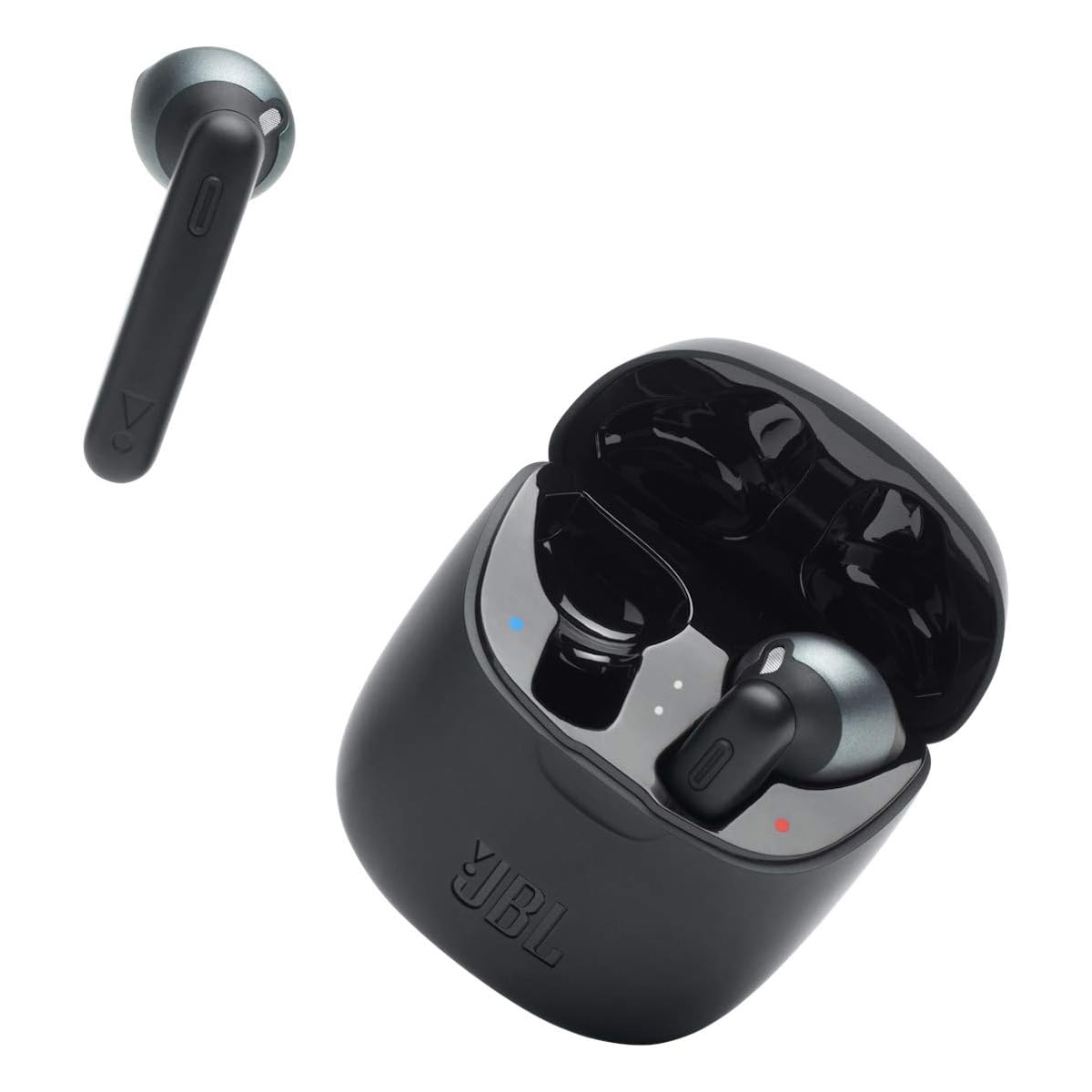 Bluetooth wireless earbuds with a charging case, featuring a sleek design and touch controls.