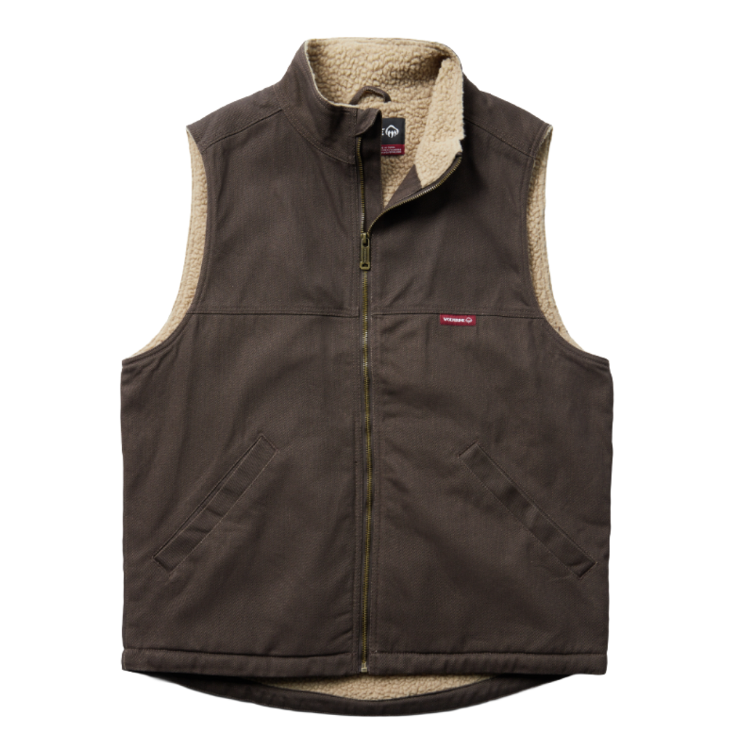 A brown fleece-lined vest with a full front zipper and two angled front pockets.